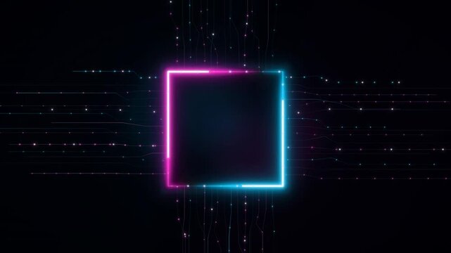 Glowing neon square frame placeholder with animated digital data circuit lines