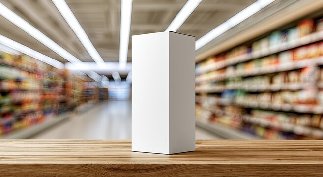 Blank white box stands on wooden counter in blurred supermarket aisle