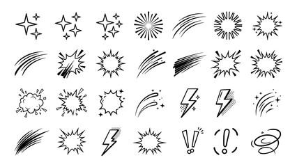 Set of comic book action effect elements including bursts sparks and motion lines © Kapilbiswas