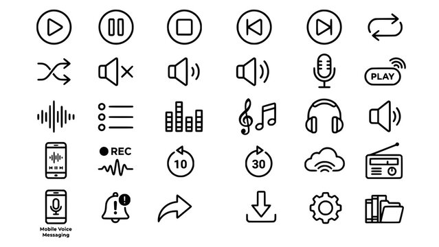 Digital multimedia interface icon set for audio and playback controls with interface