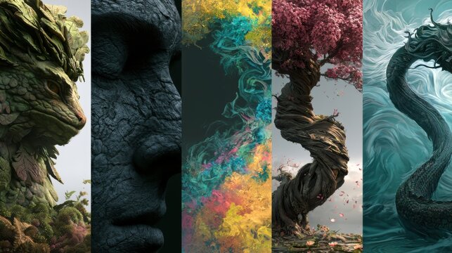 Collage of fantasy elements including nature spirits and mystical trees