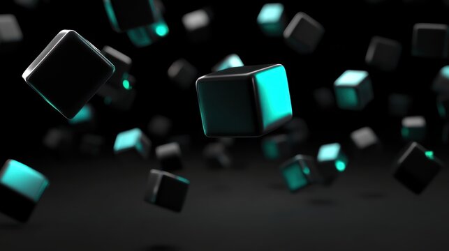 Dynamic scene with illuminated floating black cubes in dark space