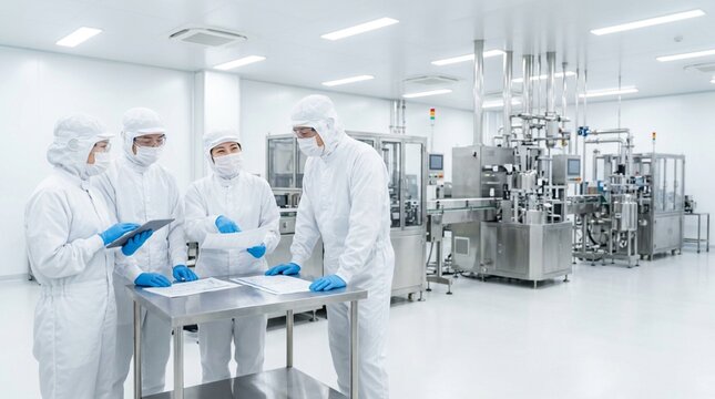 製薬工場のクリーンルームで打ち合わせをする研究開発チーム・男女の専門家