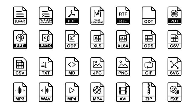 Collection of digital file format icons for document and media types with document
