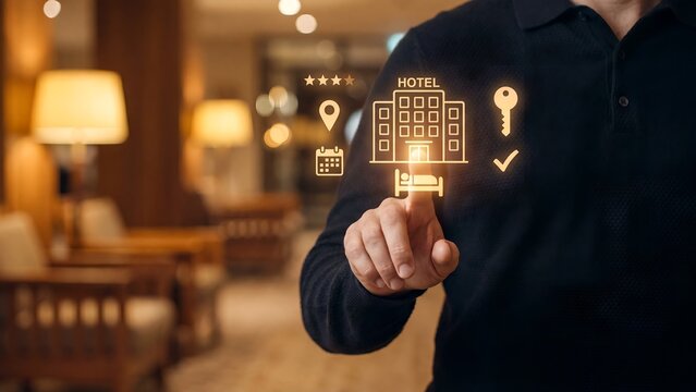 Hotel booking and online reservation, man touching hotel icon with star rating, location pin, calendar and key symbols in lobby, accommodation search, room availability and hospitality service