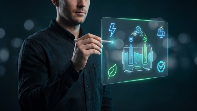 Water electrolysis and green hydrogen technology, man pointing stylus at electrolyzer diagram splitting water molecules, renewable fuel production, power to gas conversion and clean energy science