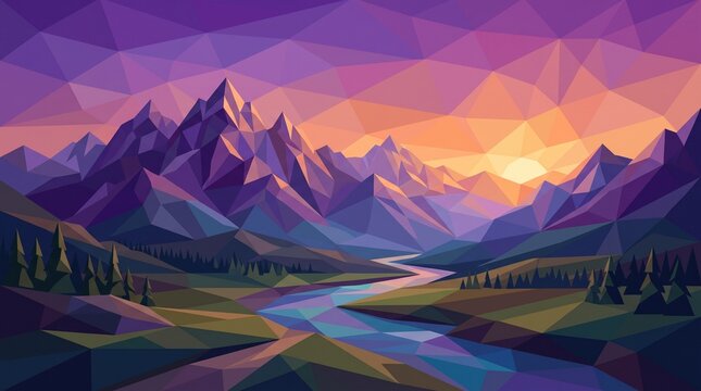 mountain landscape polygonal art geometric mountains sunset scene river valley purple sky orange sunset mountain range geometric art low poly mountain landscape art