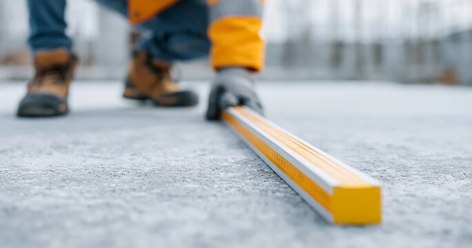 Construction worker using spirit level tool