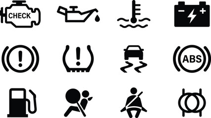 Car Dashboard Warning Lights and Auto Diagnostic Interface Symbols Icon Set for Vehicle Maintenance Safety Alert Notice and Vector Design © Abdur