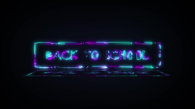 Back to school glow neon laser text glitch effect sci fi futuristic hitech cinematic title abstract on black background.Quicktime Prores 4444 encode.