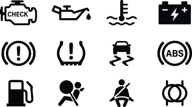 Car Dashboard Warning Lights and Auto Diagnostic Interface Symbols Icon Set for Vehicle Maintenance Safety Alert Notice and Vector Design