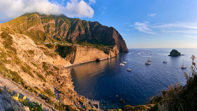 Panoramic view of Pollara beach and bay in Salina island, Aeolian archipelago, Sicily