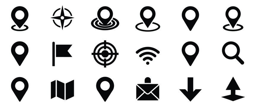 Flat location icons, GPS pin map navigation geolocation route and travel application symbols for modern vector illustration