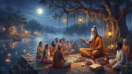 Fototapeta premium Hindu guru teaching spiritual wisdom to a group of devoted followers sitting under a large banyan tree by a riverbank during a serene moonlit night with traditional oil lamps glowing.