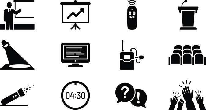 Business Presentation and Academic Lecture Presentation Icon Set for Corporate Seminars Public Speaking Stage Events Theater Management and Vector Design