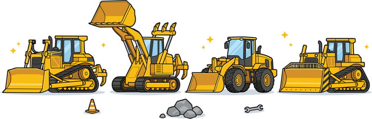 Heavy construction vehicles vector icons set with yellow bulldozer excavator loader machinery and equipment isolated on white © MST