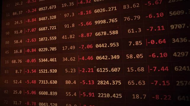 Wall of red negative financial numbers flashing on a dark stock market data board