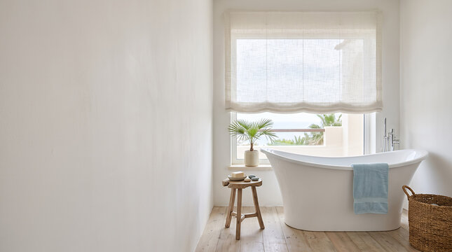 Bright coastal bathroom with freestanding bathtub and sea view