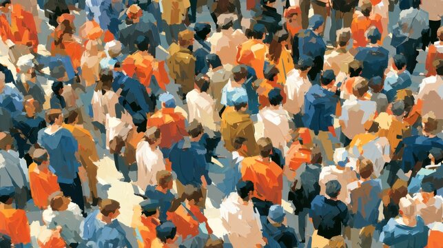 High angle view of a diverse crowd of people walking in a city street