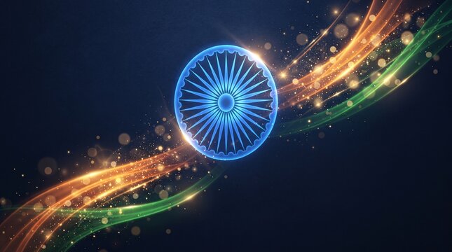 Glowing blue ashoka chakra emblem set against dynamic orange and green light waves representing the national flag of india pride