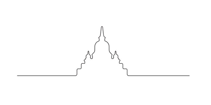 Single line abstract Buddhist temple. Continuous line drawing of traditional Buddhist shrine with tiered roof. Sacred architecture theme. Elegant cultural style. One line vector illustration.