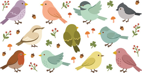 Cute forest birds vector elements set with small songbirds acorns mushrooms and berries isolated on white background © MST