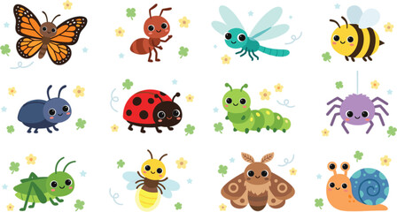 Cute garden insects and bugs vector cartoon characters set with butterfly bee ladybug and snail on white background © MST