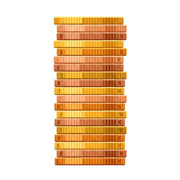 Tall stack of shiny metallic gold coins with various currency symbols