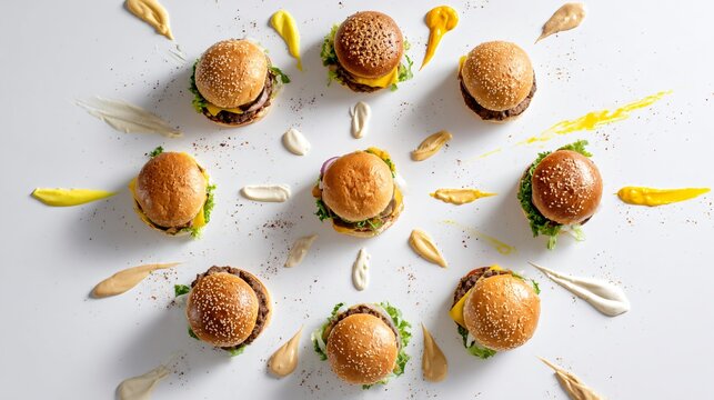 A top-down composition of burgers arranged in a circular pattern on a clean white surface with sauces around