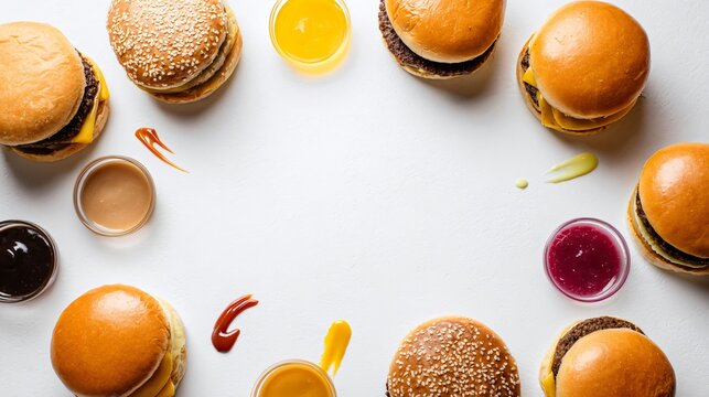 A top-down composition of burgers arranged in a circular pattern on a clean white surface with sauces around