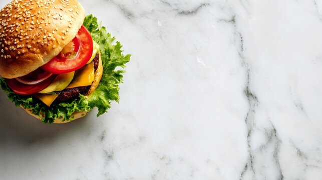 A top-down flat lay of a gourmet burger placed along the bottom edge of a light marble surface, leaving wide clean copy space above under soft daylight