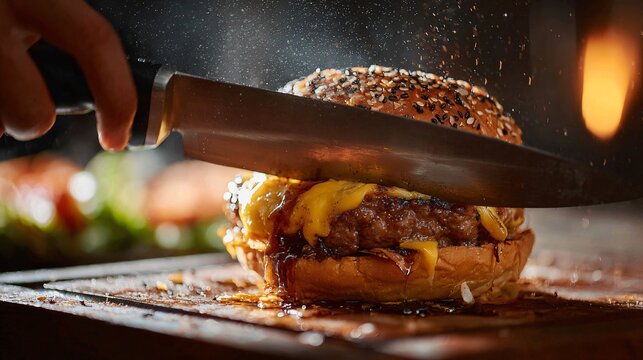 A top-down shot of a burger being sliced with visible juices and texture detail