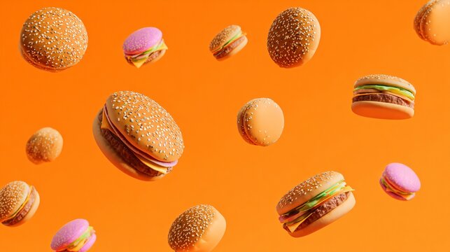 A vibrant composition of burgers scattered dynamically across a bold pastel orange background with strong contrast