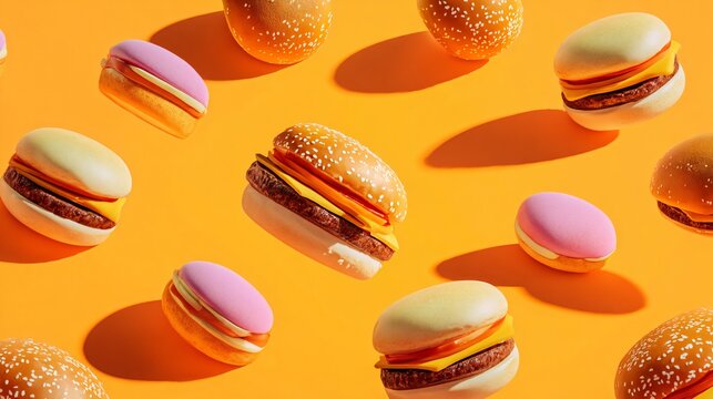 A vibrant composition of burgers scattered dynamically across a bold pastel orange background with strong contrast