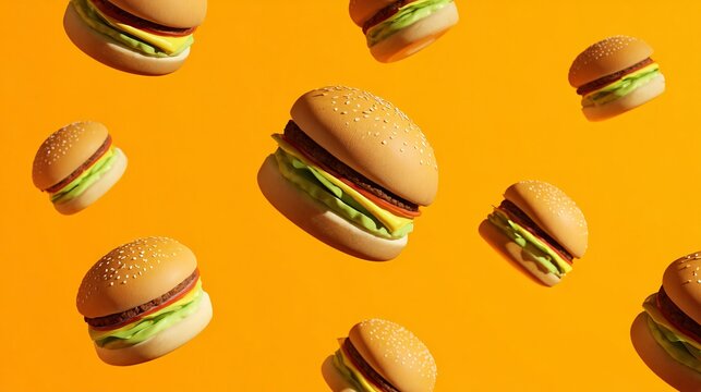 A vibrant composition of burgers scattered dynamically across a bold pastel orange background with strong contrast