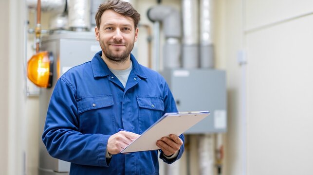 Technician inspecting heating system with clipboard