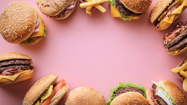 A vibrant flat lay of burgers forming a circular frame on a pastel pink background leaving center empty