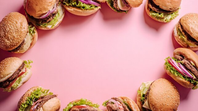 A vibrant flat lay of burgers forming a circular frame on a pastel pink background leaving center empty