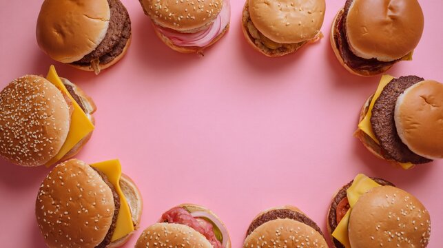 A vibrant flat lay of burgers forming a circular frame on a pastel pink background leaving center empty