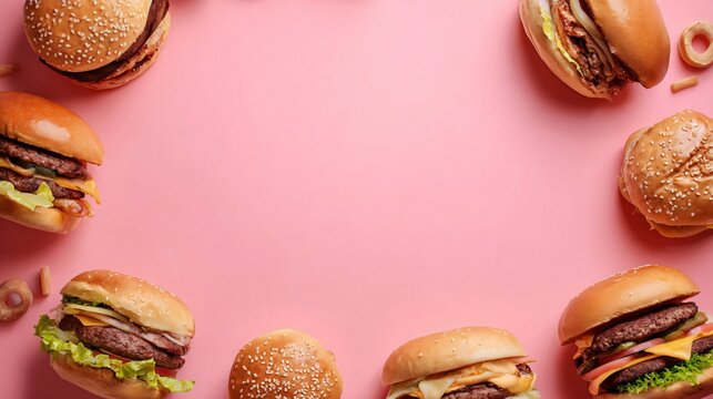 A vibrant flat lay of burgers forming a circular frame on a pastel pink background leaving center empty