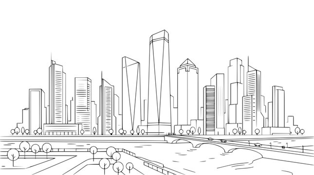 Minimalist city skyline line art illustration with skyscrapers and river bridge sketch