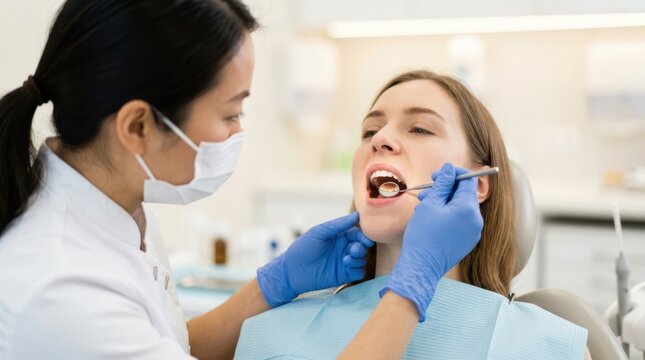 Professional dentist in medical mask and gloves examining a patient mouth during a routine checkup in a modern dental clinic.