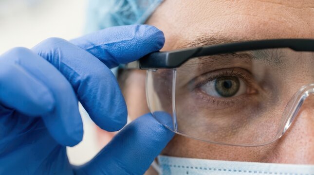 Close up of a doctor in blue gloves adjusting protective surgical goggles and mask before a medical procedure.