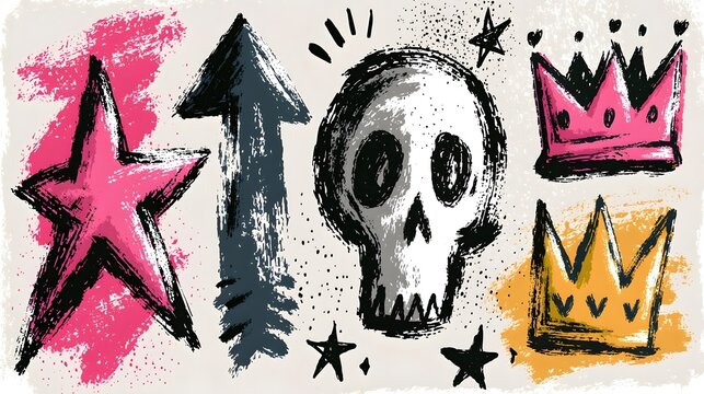 Punk and graffiti style brush drawn doodle shapes. Hand drawn bold brush star, arrow, skull and crown. Graffiti bold brush drawn figures for collages, grunge street art design, rock and roll