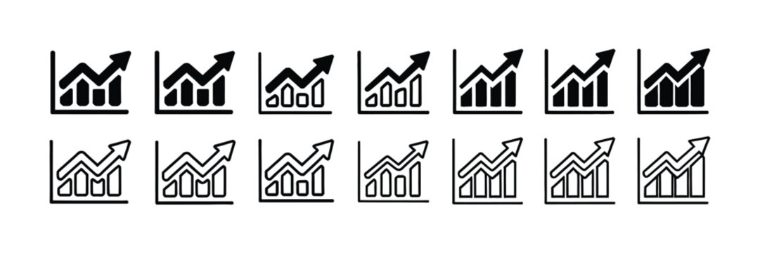 Growth icons, arrow up growing graph business chart analytics and financial success symbols for modern vector illustration