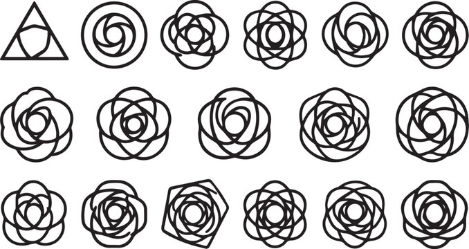 Minimalist geometric rose icons set, 18 black line flower symbols, abstract floral vector elements for logo design and branding