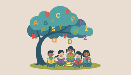 Fototapeta premium Diverse children happily read books under a tree with colorful alphabet letters floating around, symbolizing early literacy and imagination.