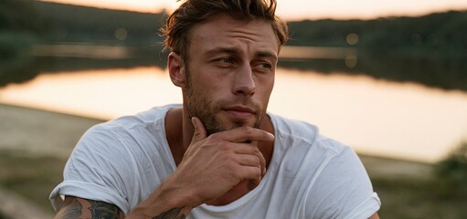 Fototapeta premium Man with arm tattoo enjoying a calm lakeside moment during warm, golden hour light in a relaxed outdoor atmosphere.