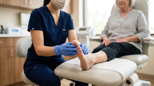 Professional podiatrist in gloves examining a senior patient foot on an adjustable clinic chair during a checkup.