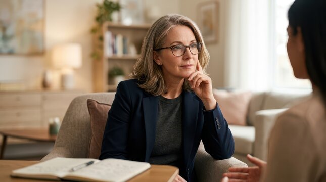 Focused mental health specialist listening closely to a client during a psychological therapy session in a cozy office.
